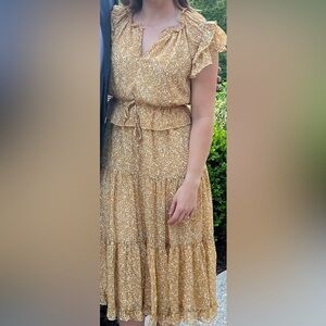 Yellow Ruffle Midi Dress with Metallic Threading